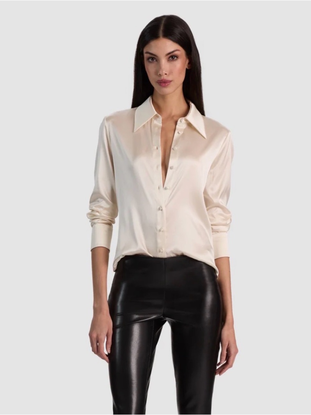 Alice + Olivia Ivory Satin Button-Down Blouse